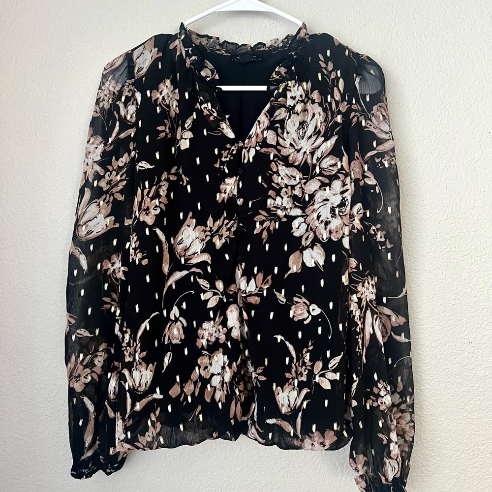 Tamara H. Black Floral Blouse with Gold Shimmer, M